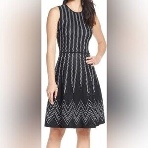 Eliza J. Stippled Jacquard Dots Fit Flare Sleeveless Sweater Knit Dress Size PS